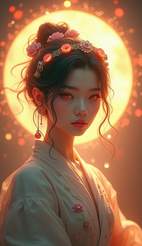 Mask, Masterpiece, Best Quality, Halo, Multicolored Hair, Red Eyes, Hairband, God Rays, Artistic, Cinematic, Classicism, Japanese Illustration Style, 