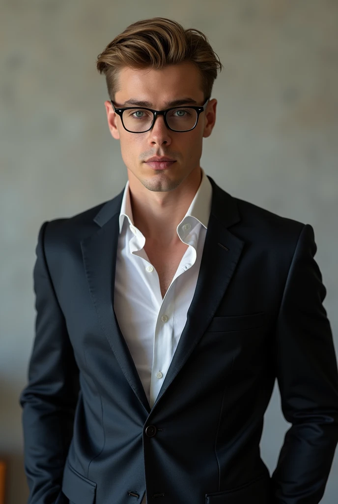 Male model dressed in a suit with formal glasses, sexy square, blond, light eyes, brown hair 