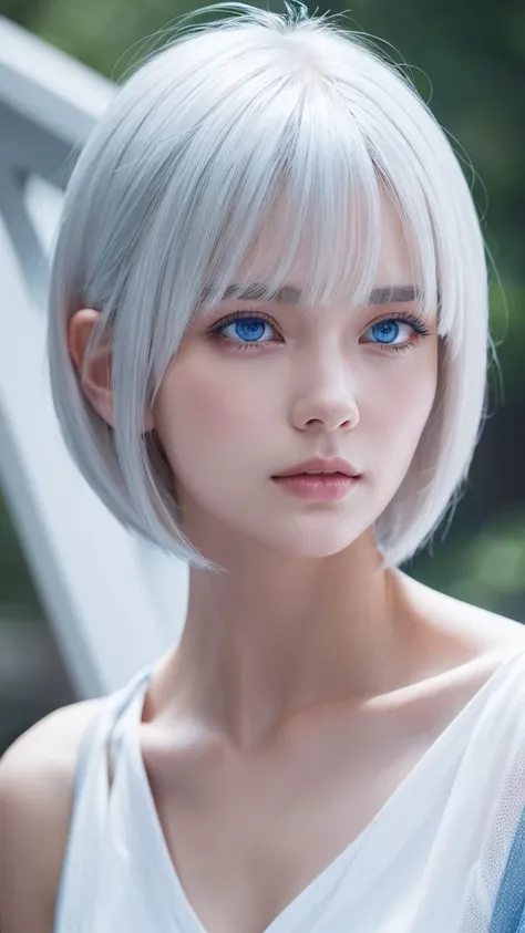 
“White hair, gazing, solo, blue eyes, bangs, high resolution, staring intently, goddess, short haircut.”