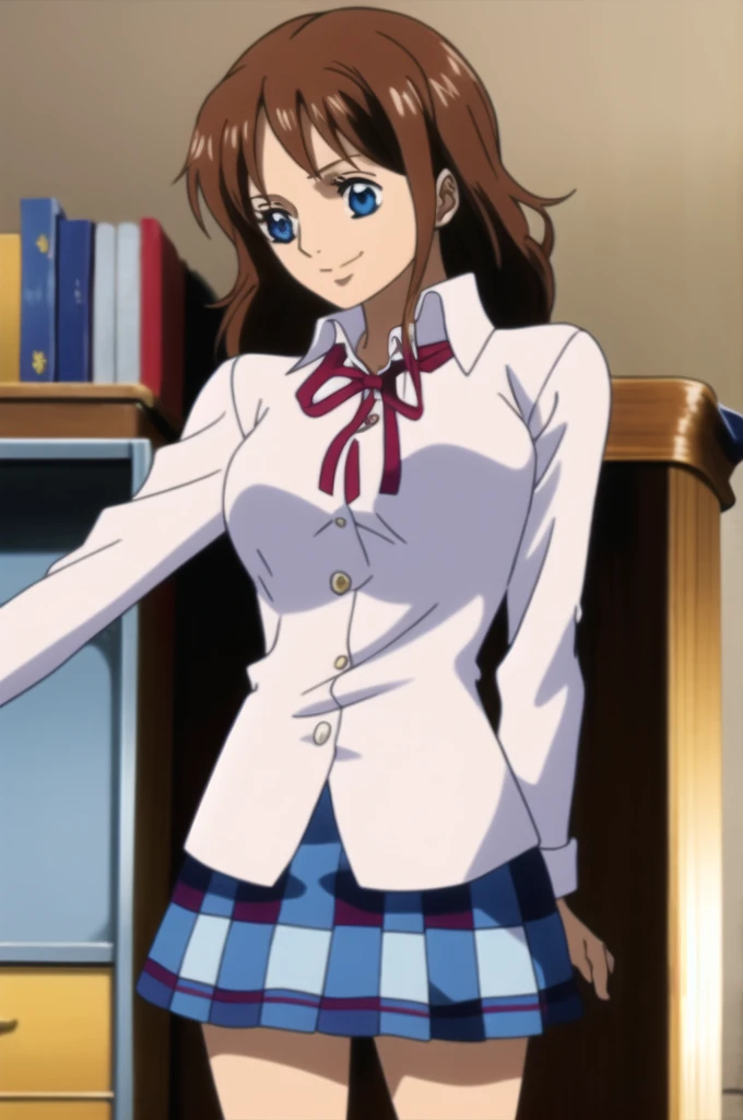 Ai shindou, 1girl, solo, long hair, floating hair, blue skirt, blue uniform, brown hair, long sleeves, blue sea eyes, staring to the side, smile, plaid skirt, ribbon, cowboy Shot, limp body on her desk School Desk in the room, masterpiece, high quality, ve...