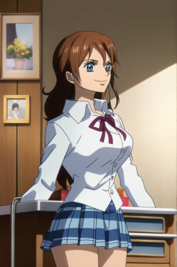 Ai shindou, 1girl, solo, long hair, floating hair, blue skirt, blue uniform, brown hair, long sleeves, blue sea eyes, staring to the side, smile, plaid skirt, ribbon, cowboy Shot, limp body on her desk School Desk in the room, masterpiece, high quality, ve...