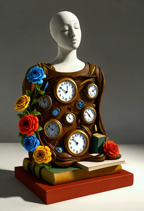 score_9, score_8_up, score_7_up, a sculpture of a body made of clocks, books, and flowers. 3d render, hyperrealistic, high quali...