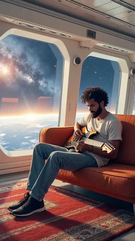 Use the attached image as a reference to create a guitarist with the same characteristics.. The guitarist is playing his electric guitar inside a spaceship. He is comfortably seated on a sofa while playing his guitar and looking at the view through the shi...