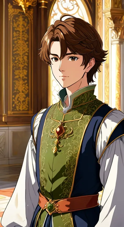 A young adult man, with short brown hair, wearing 16th century clothes, inside a royal palace, 2.5D anime style, masterpiece.