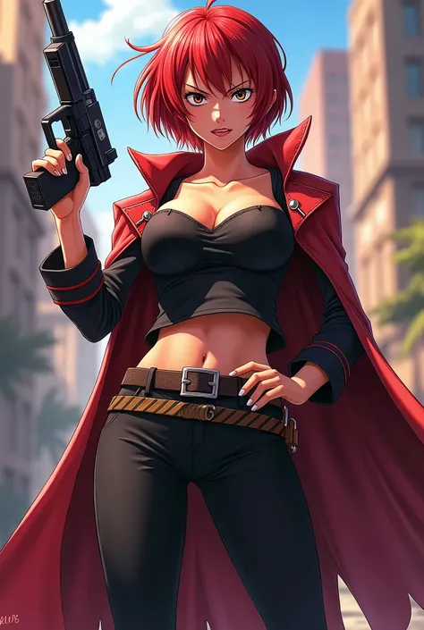 Akagami no Shanks genero opuesto, short hair and redhead, very busty with a gun and angry expression style, anime 