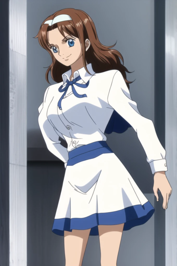 ai shindou, 1girl, solo, long hair, floating hair, blue skirt, blue uniform, brown hair, long sleeves, blue sea eyes, staring to...