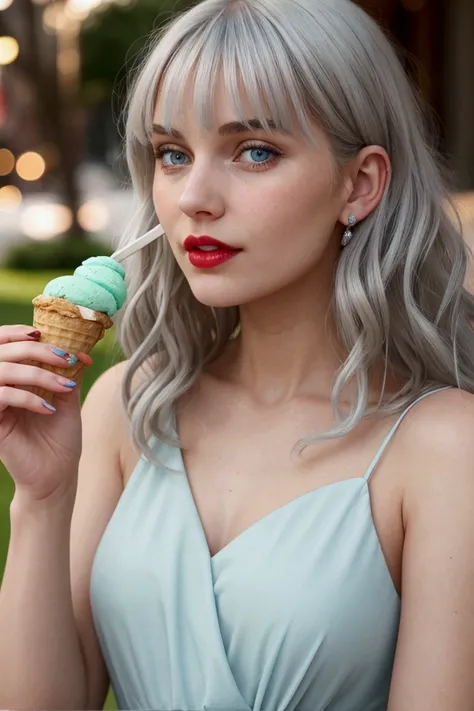 Close-up of a person holding an ice cream cone, pretty girl, Woman with wavy silver hair, bangs, Pale blue eyes, Red lips, Soft green dress,