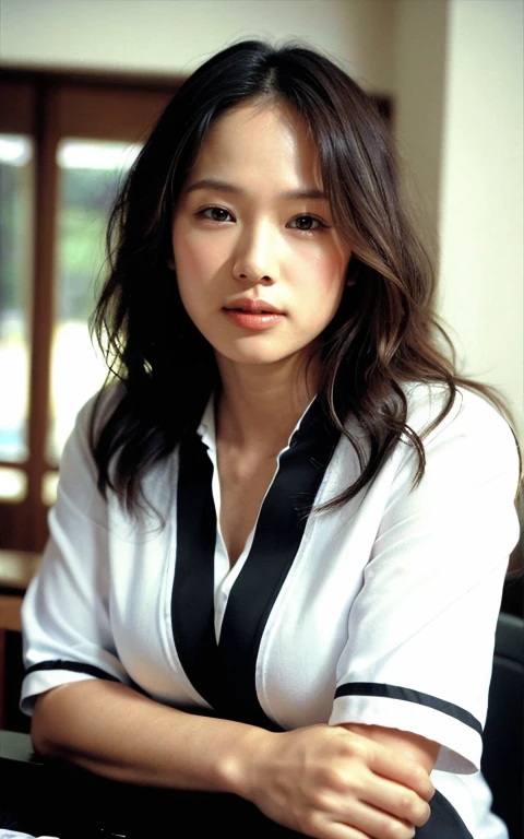 ((最high quality, 8k, masterpiece: 1.3)), Realistic, Sharp focus, high quality, High image quality, Portraiture, Alone, Japan, Middle-aged women, Beauty, Plump, Wavy Hair, Receptionist uniform, Wrinkles around the eyes, Lots of files, Dark Background