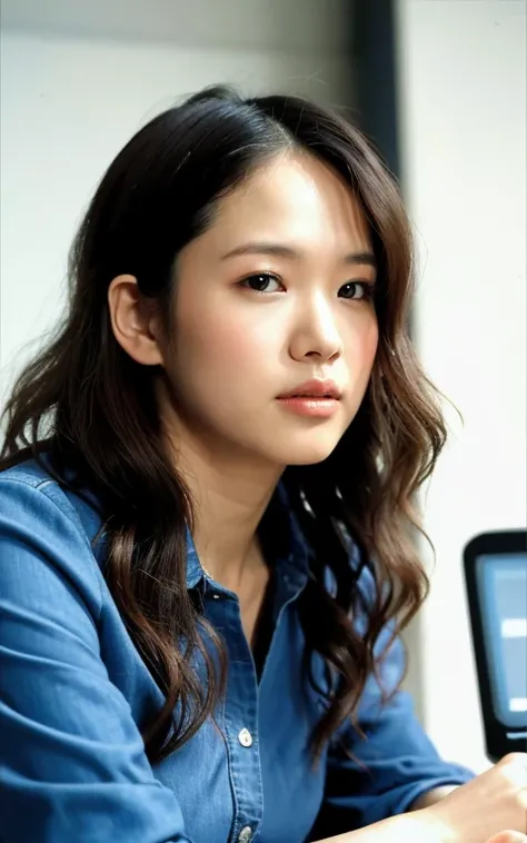 ((最high quality, 8k, masterpiece: 1.3)), Realistic, Sharp focus, high quality, High image quality, Portraiture, Alone, Japan, Middle-aged women, Beauty, Plump, Wavy Hair, Receptionist uniform, Wrinkles around the eyes, Lots of files, Dark Background