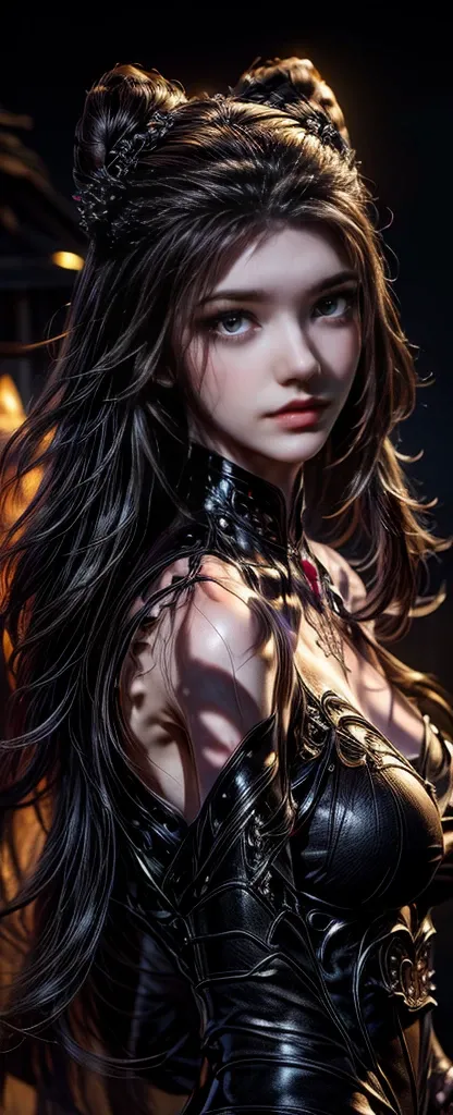 ((masterpiece, best quality, Highest image quality, High resolution, lifelike, original photo, 8K)), a close up of a woman in a black and red outfit, a beautiful fantasy empress, ((a beautiful fantasy empress)), xianxia fantasy, by Yang J, full body xianxi...