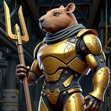 “A cybernetic humanoid capybara warrior wearing GOLDEN metallic armor with a muscular build and wielding a large futuristic crowbar. | poakl The capybara’s head features sharp mechanical ears and glowing mechanical eyes, enhancing its cybernetic appearance...