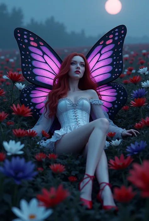 high details, best quality, 16k, RAW, [best detailed], masterpiece, best quality, (extremely detailed), full body, ultra wide shot, photorealistic, dark fantasy art, goth art, RPG art, D&D art, a picture of a dark female fairy resting in a flower meadow, e...