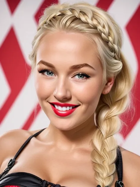 ((a norwegian bombshell)), ((heart shaped face)), fit, (((blonde))), ((perfect tits)), perfect teeth, ((braided hair)), (((pointy nose))), whole body picture, ((((sexy pinup)))),