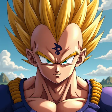 “A ((“Majin VEGETA”)) portrait in digital art, featuring blonde hair and blonde eyebrows, with a powerful and intense expression, clenched fists, and looking directly ahead. The portrait shows the full head of the character, designed to be anatomically cor...