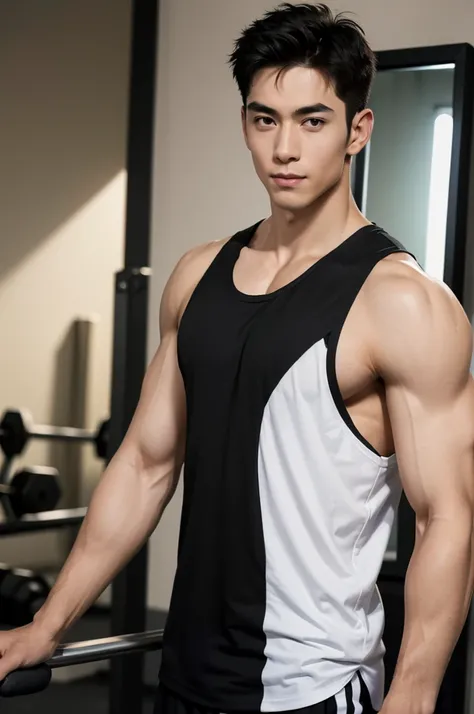 Fitness Center
"In a modern fitness center filled with equipment and motivational posters, a tall, muscular man with flawless white skin stands confidently in front of a mirror. His short hair is styled perfectly, framing his strikingly handsome face. (He ...