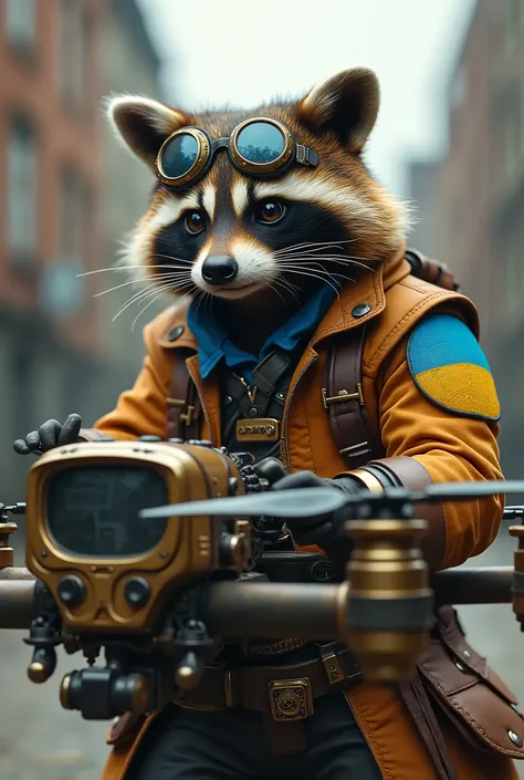 A raccoon in a steampunk suit controls the controls of a quadcopter with six propellers., on the sleeve there is a patch in the form of the flag of Ukraine