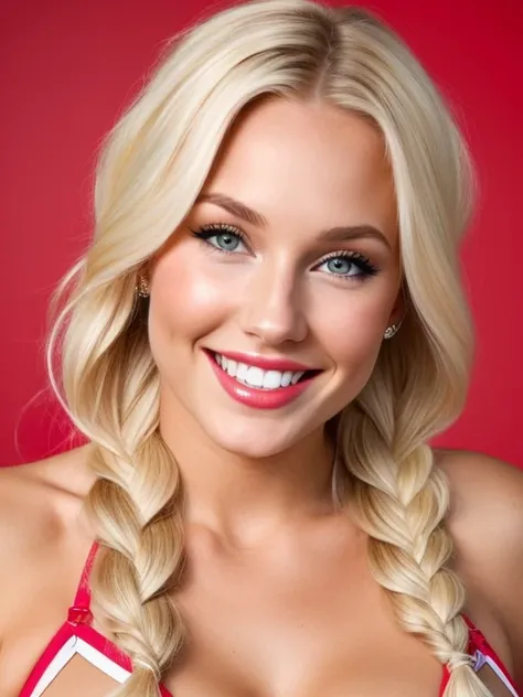 a norwegian bombshell, heart shaped face, fit, blonde, perfect tits, perfect teeth, braided hair, pointy nose, whole body picture, sexy pinup
