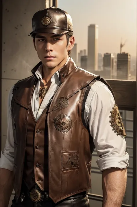 Skyline Overlook
"On a high rooftop overlooking a sprawling steampunk city, with towering brass gears and billowing steam, a tall, lean, and muscular man with smooth white skin stands confidently at the edge. His short hair is tousled by the wind, accentua...