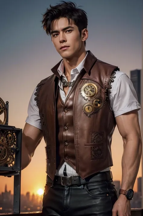 Skyline Overlook
"On a high rooftop overlooking a sprawling steampunk city, with towering brass gears and billowing steam, a tall, lean, and muscular man with smooth white skin stands confidently at the edge. His short hair is tousled by the wind, accentua...