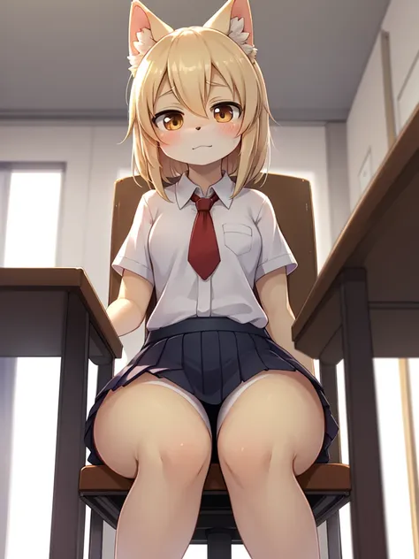 Having a bad day? Check this out to cheer you up! , A gal who is kind to otaku , (soft focus ,  Shallow focus , soft light ) , in the high school , Close distance , sit on chair , skirt ,  (panty:0.6) ,( spread legs:0.6) , Protective Desire