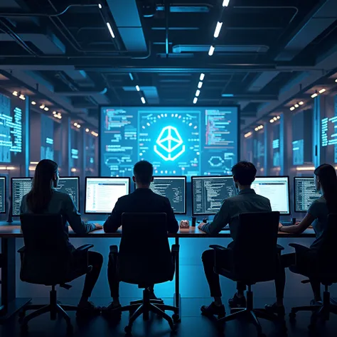 Highest quality, 4k, a team of programmers in a large, smart programming base full of computers and programming codes, and behind them a large screen with the Computer Science logo and a hall with advanced technology. 