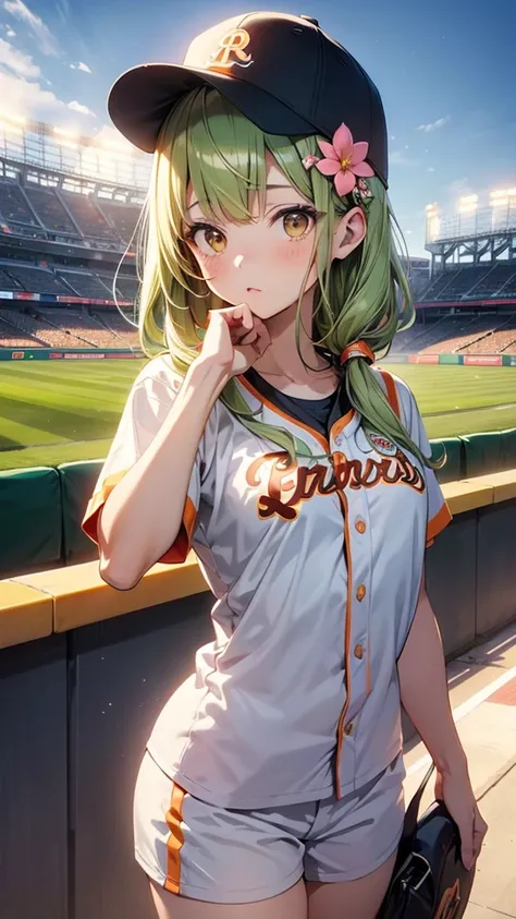 Maki: ore no imouto ga konna ni kawaii wake ga nai, 25-yers-old girl with short light green straight hair with flower hairpin on left bangs, light_brown_eyes, petite_body, average_breasts, seducing look, baseball stadium background, sexy orange baseball un...