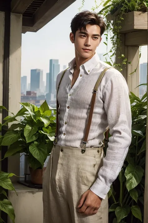 Rooftop Garden
"In a hidden rooftop garden filled with lush plants and mechanical sculptures, a tall, muscular man with flawless white skin stands confidently, surrounded by the citys skyline. His short hair is tousled by a gentle breeze, enhancing his han...