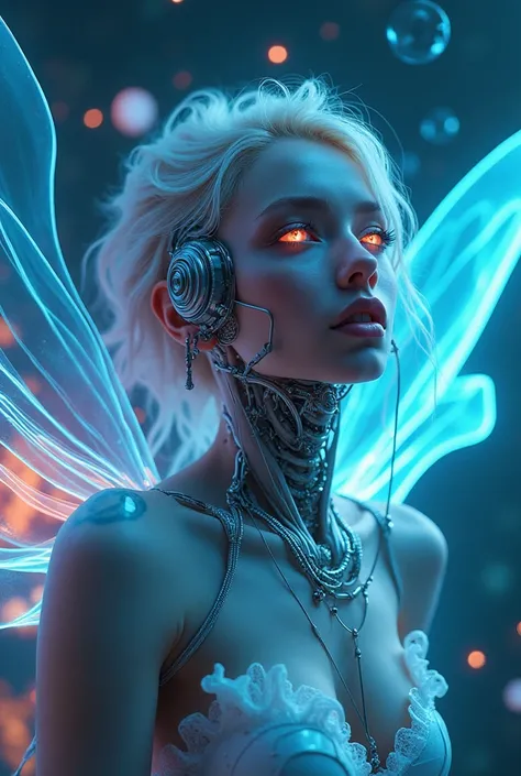 a biomechanical girl, beautiful detailed eyes, beautiful detailed lips, extremely detailed face, porcelain skin, cyberpunk style, futuristic, glowing neon lights, floating in the night sky, dreamlike atmosphere, cinematic lighting, vibrant colors, intricat...