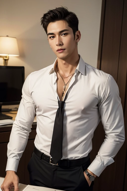 Law Firm Office "In a prestigious law firm office, adorned with legal books and diplomas, a tall, lean, and muscular man with smooth white skin stands confidently at a large mahogany desk. His short hair is perfectly styled, enhancing his strikingly handso...