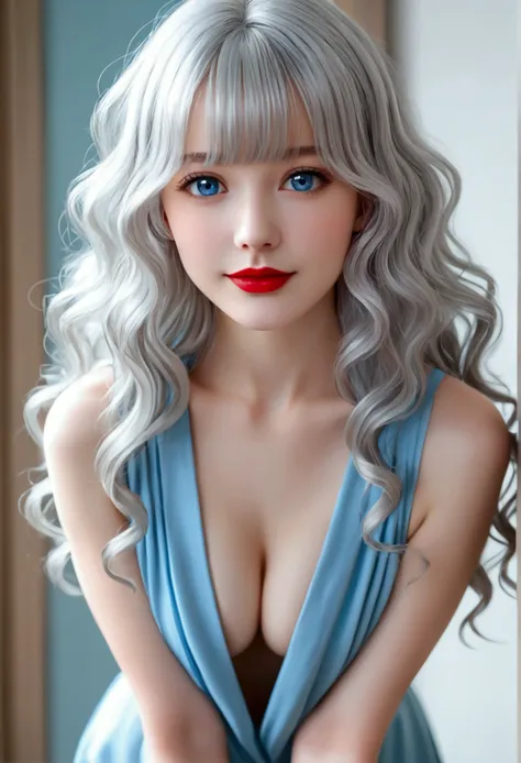 pretty girl, woman with wavy silver hair, bangs, pale blue eyes, red lips、lean forward and bring your breasts together with your...