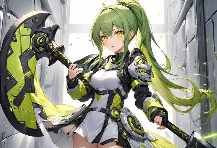 (delicate and beautiful), (Vigilance style), solo:2, (beautiful ponytail) (best beautiful green hair long hair) (best axe fighter girl is 15 yo), (cute yellow eyes) (serious face, glossy lip), (medium tits), in a silver battle uniform, (hand holding a divi...