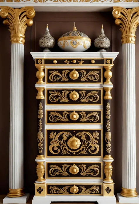 chest of drawers in the style of ancient russian architecture with columns, pilasters, ornaments
