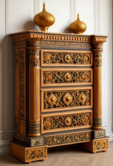 chest of drawers in the style of ancient russian architecture with columns, pilasters, ornaments
