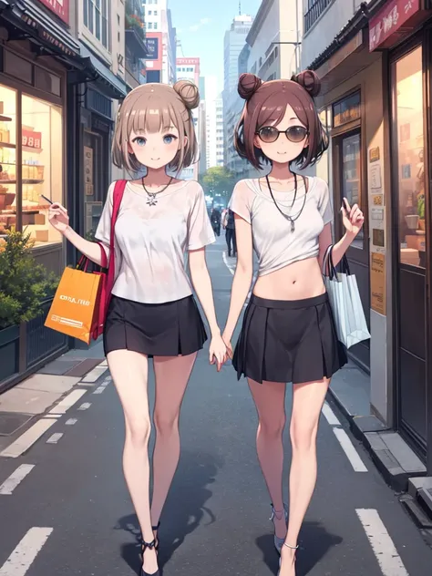 Very detailed, high quality, masterpiece, 女性 1people, Walking down the street, Shopping bags in both hands, Happy expression, Brown Hair, Messy bun hairstyle, (Casual wear: 1.1), Short white T-shirt, Short skirt, High heels, light makeup, (Silver Necklace:...