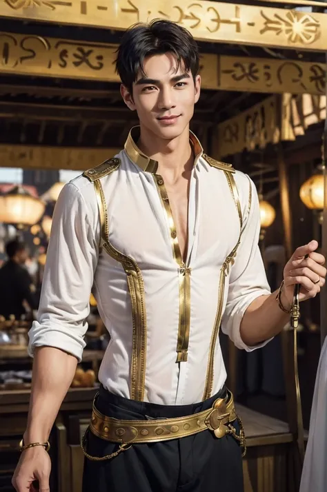 Floating Market
"In a vibrant floating market suspended above the city on airships, filled with stalls of magical trinkets and steam-powered gadgets, a tall, lean, and muscular man with smooth white skin stands confidently at a bustling booth. (His short h...