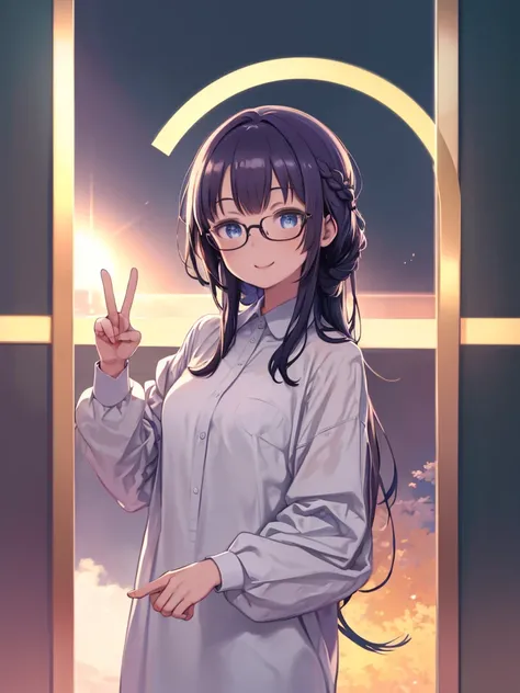 ((masterpiece:1.4, Best Quality:1.4, High resolution:1.4, Bright colors, Vibrant colors:1.2, 4k game CG wallpaper)), Kaho, One girl, Alone, Long sleeve, Seraph, Braiding, White shirt, Glasses, blue eyes, Watching the audience, mole, Front View, peace, sign...