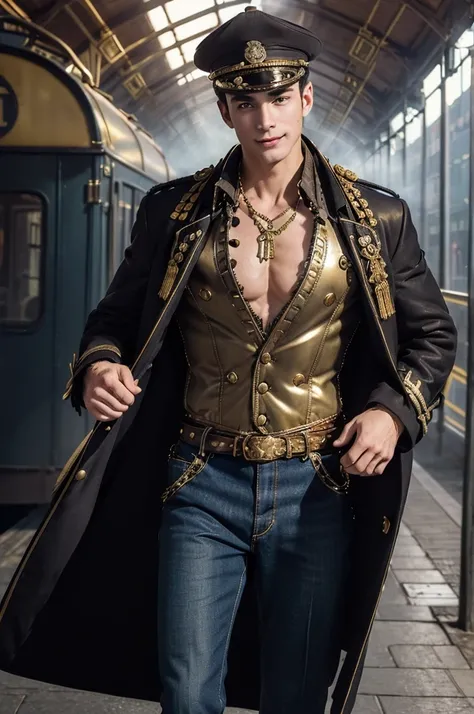 Magical Train Station
"At a bustling magical train station where steam and magic intertwine, a tall, muscular man with flawless white skin stands confidently on the platform, waiting for the next train. (His short hair is tousled by the wind, and he wears ...