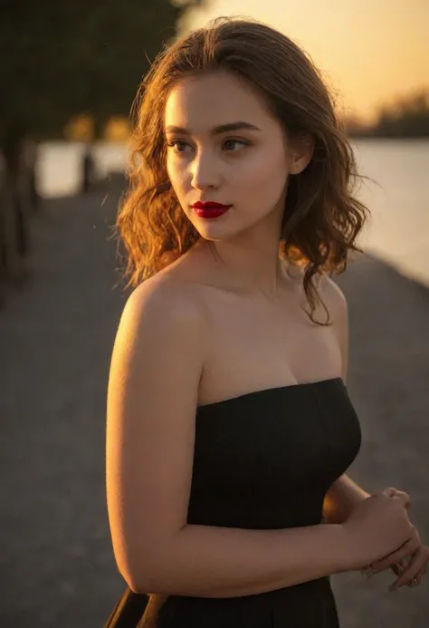 Young woman, pensive, simple black off-the-shoulder top, modest makeup, deep red lipstick, one hand adjusting dress, other hand on shoulder, casual party, relaxed, social atmosphere, soft lighting, warm tones against the gentle light of the setting sun and...