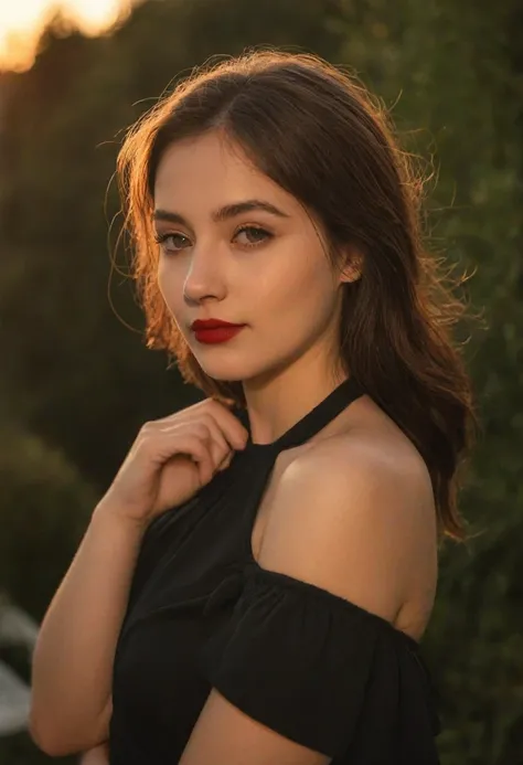 Young woman, pensive, simple black off-the-shoulder top, modest makeup, deep red lipstick, one hand adjusting dress, other hand on shoulder, casual party, relaxed, social atmosphere, soft lighting, warm tones against the gentle light of the setting sun and...