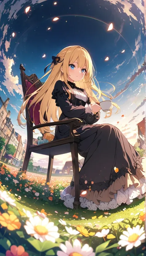 (masterpiece: 1.2), (Very detailed: 1.2), (Very detailed CG: 1.2), (high quality: 1.2), (最high quality), 8k, Anime illustration,far and near method, Background blur、Fisheye Shot, Ultra Wide Angle,  Flower Field、Girl sitting on chair in the middle、Gothic bl...