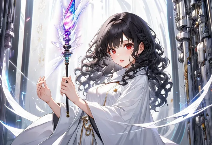 (delicate and beautiful), (Vigilance style), solo:2, (beautiful curly) (best beautiful and glossy black hair long hair) (immensely beautiful girl is 15 yo), (cute red eyes) (serious face, glossy lip), (medium tits), in a white magic battle robe, (hand hold...