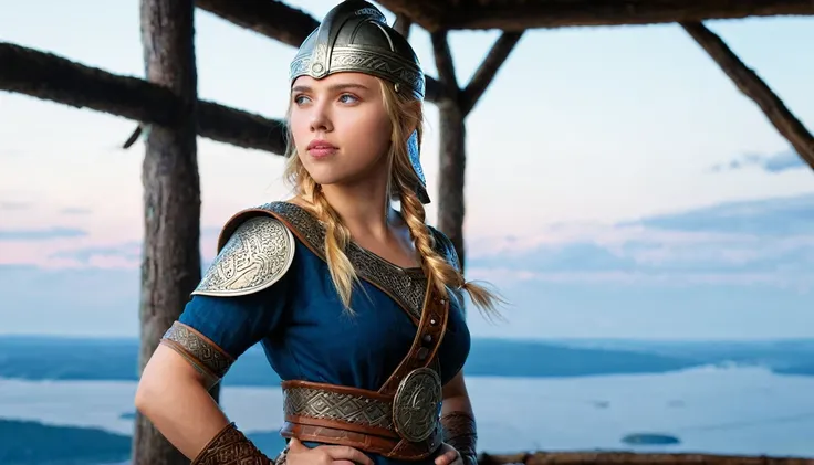 Side view, full-body, Viking girl,12 century, looking at viewer, Sweden Young girl, beautiful female, Scarlett Johansson, (Highly detailed face, Ordinary eyes, Blue eye, gold hair, Variegated eyes, Fuller lips, little Lips,  smile), (Middle breasts, Slende...