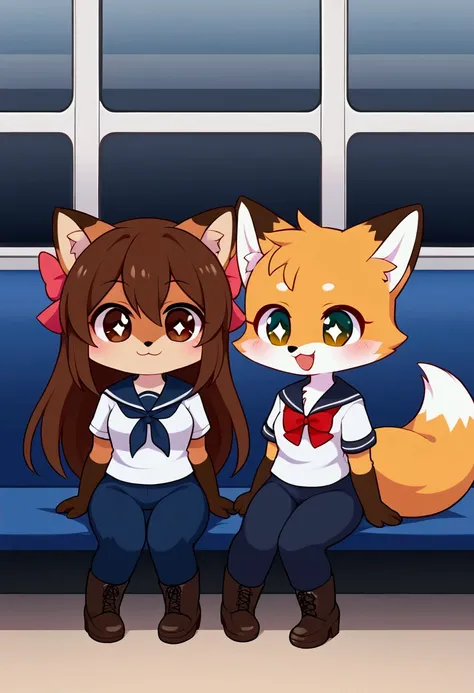 2girls, fox and tanuki, furry, bodyfur, tail, school uniform, sailor suit, jersey pants, long pants, hair bow, gloves, boots, chibi, sparkling eyes, happy, full body, train, sitting, blush