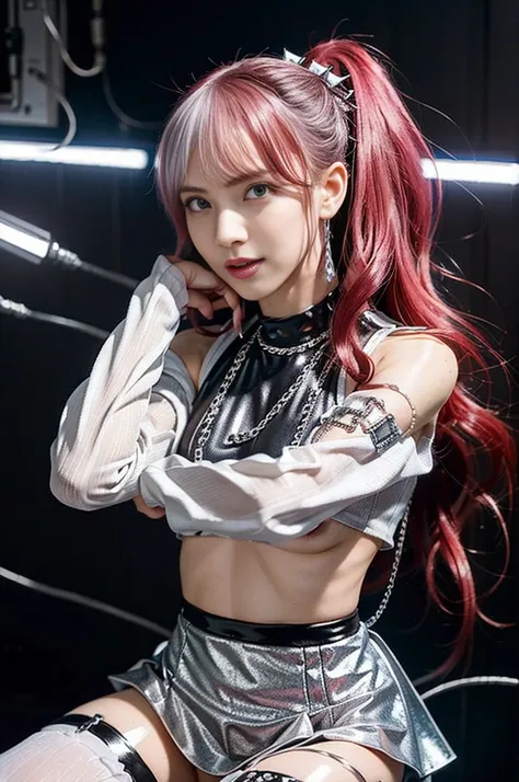 sexy and stylish popular model, only one woman, red stylish hair,gray and pink gradient hair、 ((shiny punk style knee-high boots...