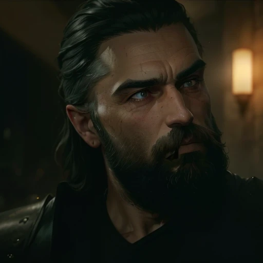 There is a man with a beard and a black shirt, He drove well, He drove well zener, an actor, author Yasar Wurdem, threatening look, still from a fantasy movie, the night war rages behind him, from The Witcher (2021), crooked grin, by Nevin Chokai