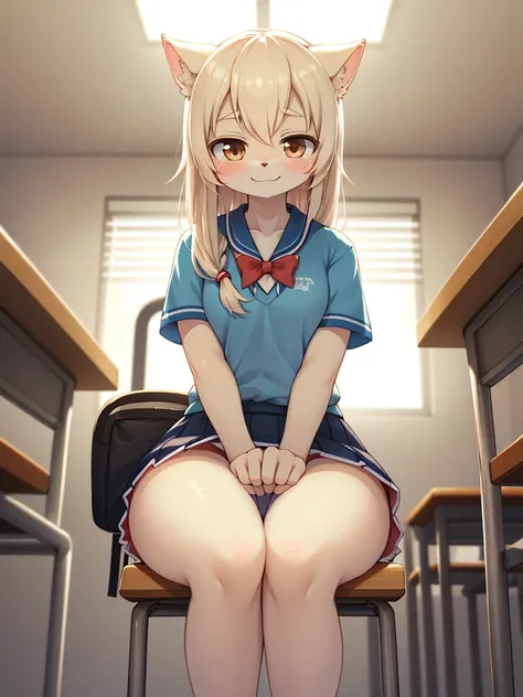 Having a bad day? Check this out to cheer you up! , A gal who is kind to otaku , (soft focus ,  Shallow focus , soft light ) , in the high school , Close distance , sit on chair , (upskirt:0.7) , coquettish , smile , light color panty , Splurt