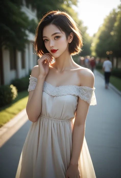 young woman, pensive, simple off-the-shoulder top, red lipstick, one hand adjusting dress, other hand on shoulder, casual party,...