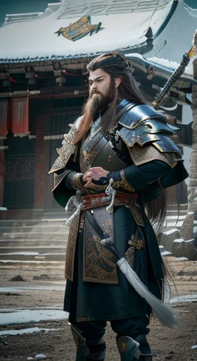 a man with long hair and a beard stands in front of a building, Karl Urban as Dragon Slayer, Chinese Armor, guan yu, inspired by Li Gonglin, Genghis Khan, Kurdish Samurai, Chinese warrior, Mongolian, armored warrior, image of an adult male warrior, as a me...