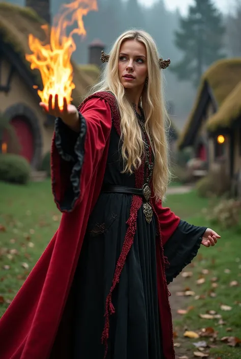 a beautiful sorceress with long blond hair dressed in a magical red and black robe casts a fireball in a dynamic pose against the background of a picturesque hobbit village, concentration, cold atmosphere, a bizarre mix of colors