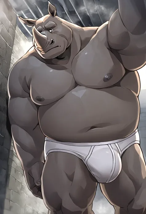 rhino，Anthropomorphism，Middle-aged man，Mature male，Strong，Cold expression，naked，Huge male protrusion，White sexy briefs，Underground cell，Steam Age，Viewing angle。